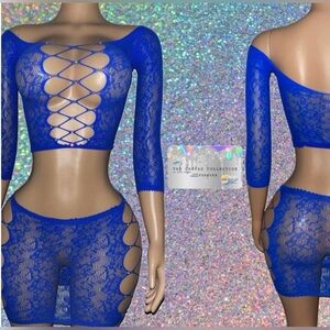 EXOTIC STRIPPER WEAR: BLUE 2 PIECE SKIRT SET WITH RHINESTONES